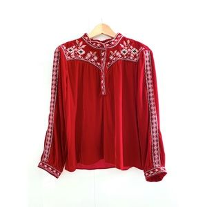 Zara Red Velvet Bohemian Shirt Top Blouse Peasant